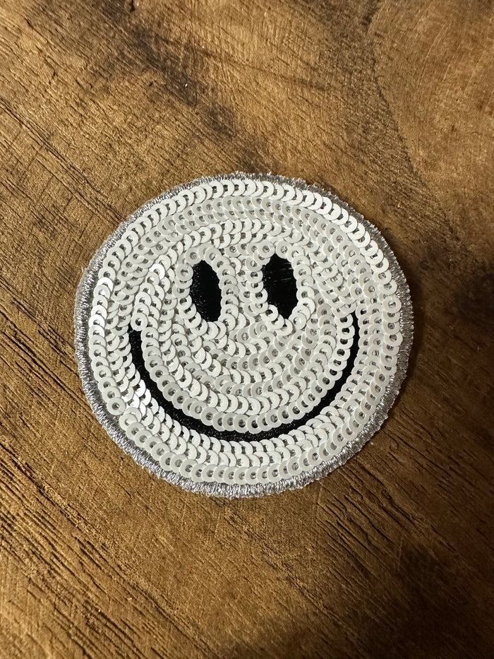 Sequin Hat Patches- "White Smiley Face" (2X2)