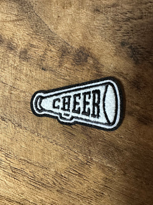 Chenille Hat Patches- "Cheer; White Megaphone" (2X1)