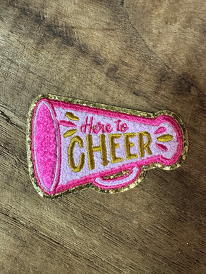 Chenille Hat Patches- "Here To Cheer; Gold Glitter" (3X1.5)