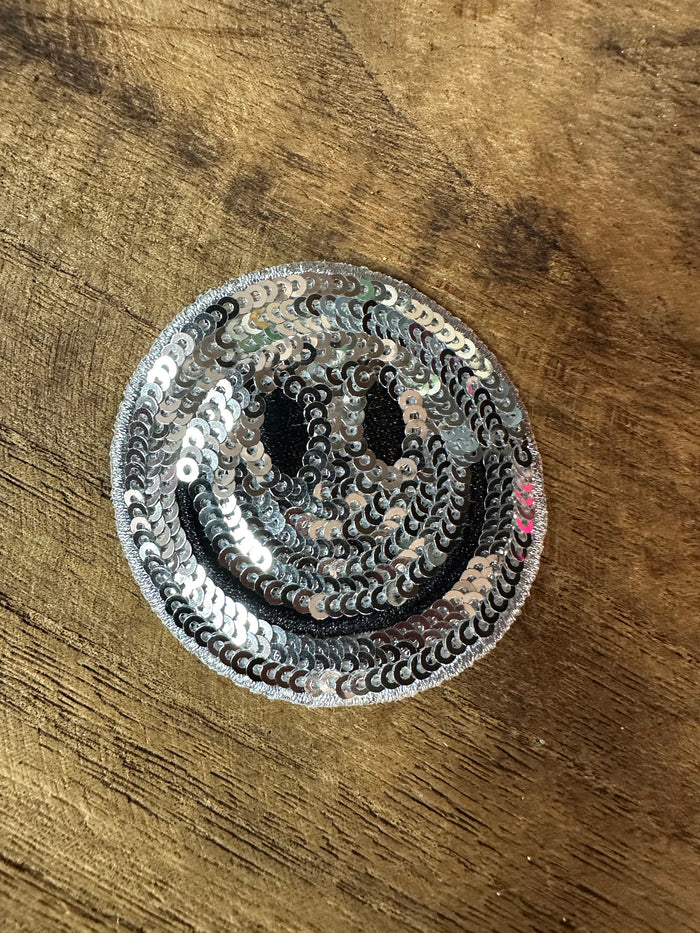 Sequin Hat Patches- "Silver Smiley Face" (2X2)