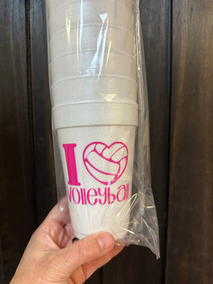 Styrofoam Cups- "I Love Volleyball" Pink