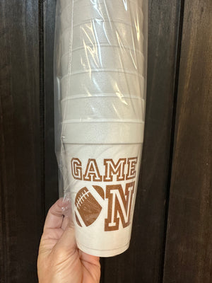 Styrofoam Cups- "Game On; Football" Brown
