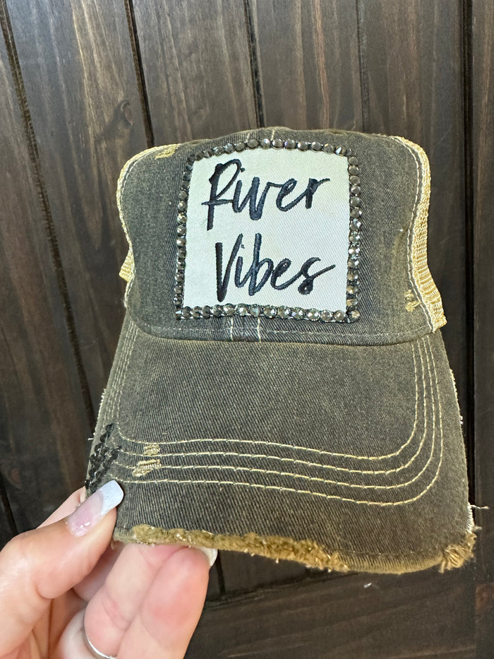 "River Vibes; Black Bling" Washed Out Denim Hat