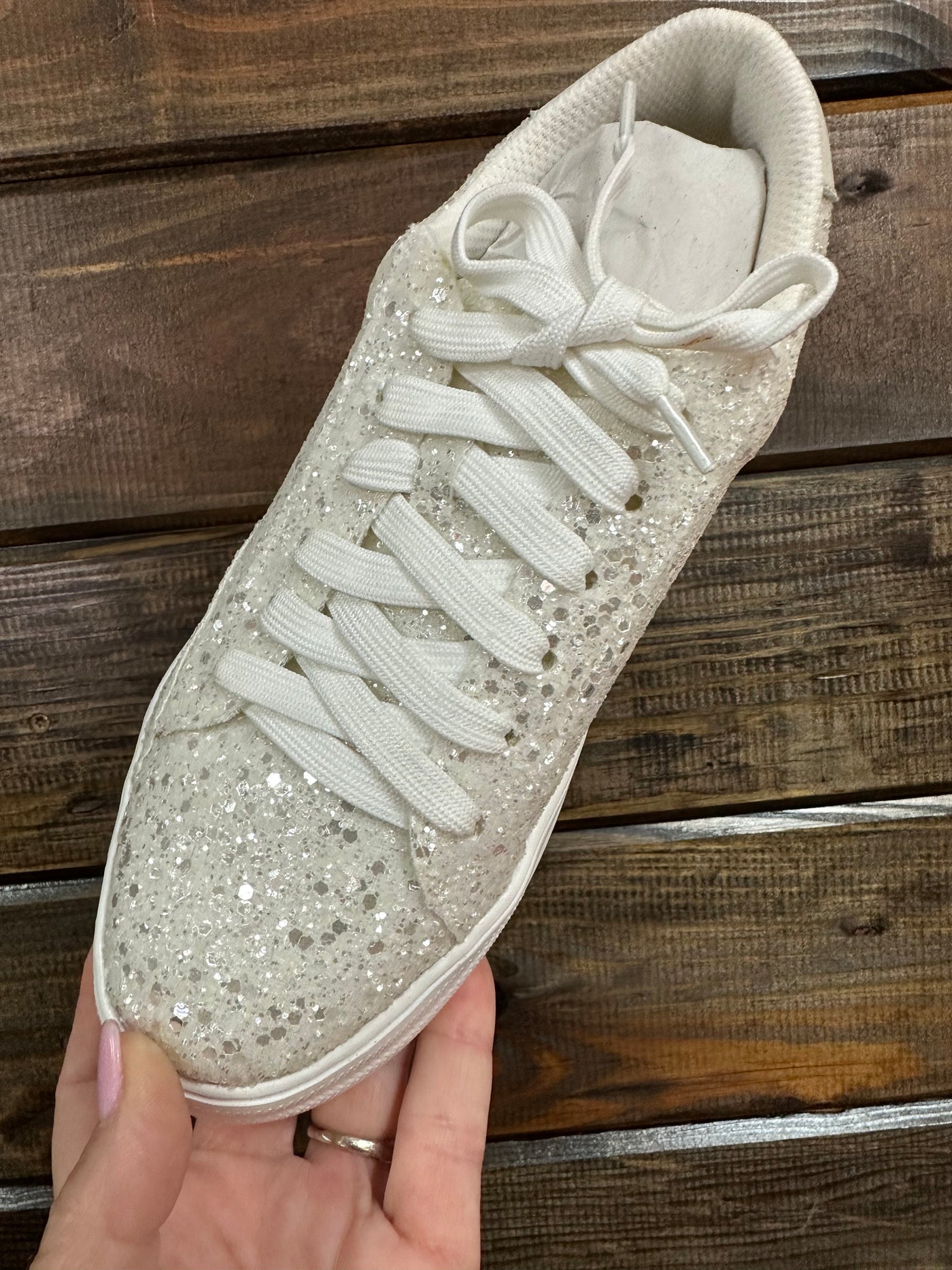 Glaring Tennis Shoes- White Chunky Glitter – The Silver Strawberry