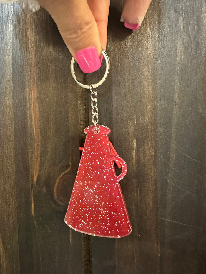 Glossy Acrylic Keychains- "Megaphone" Red Glitter