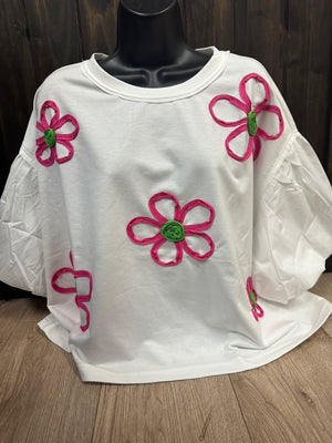 "Pink Floral Knit Embroidery" White Puff Sleeve Top