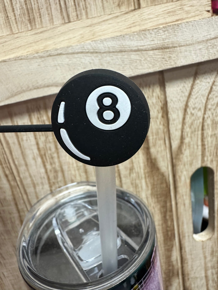 Straw Cover Cap- "Eight Ball" Black