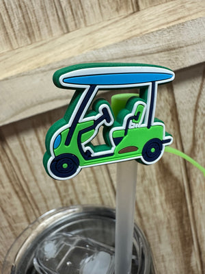 Straw Cover Cap- "Golf Cart" Blue & Green