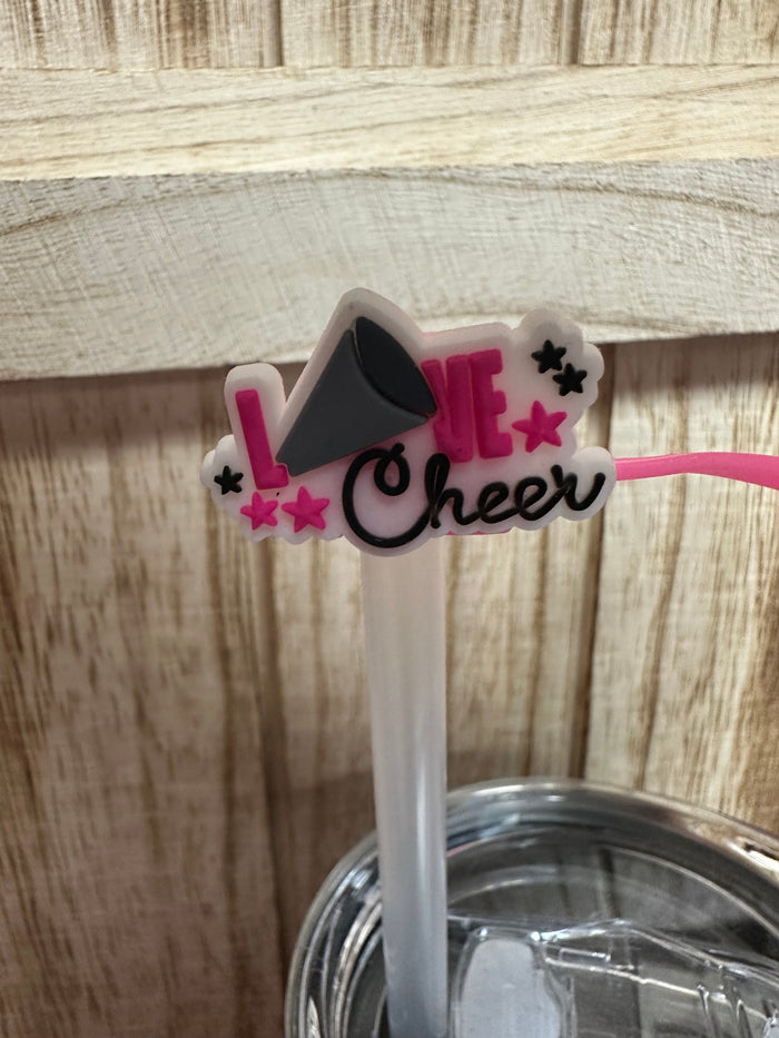 Straw Cover Cap- "Love Cheer; Megaphone" Pink & Grey