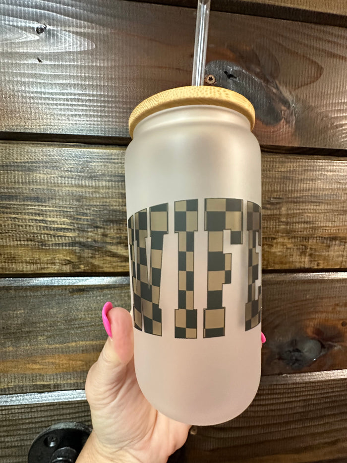 Libbey Can Glass- "Wifey" Brown Checkered