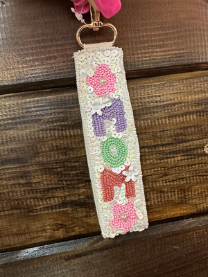 "Beaded Strap" Key Ring- "Mom" White Pearls & Flowers