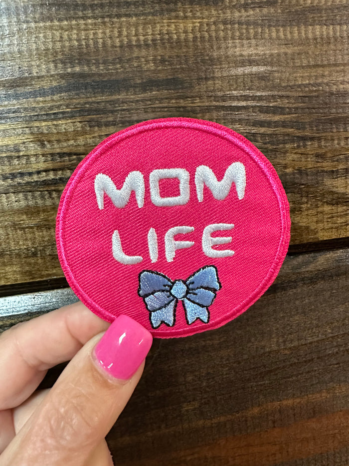 Embroidered Hat Patches- "Mom Life" Purple Bow (2.5X2.5)