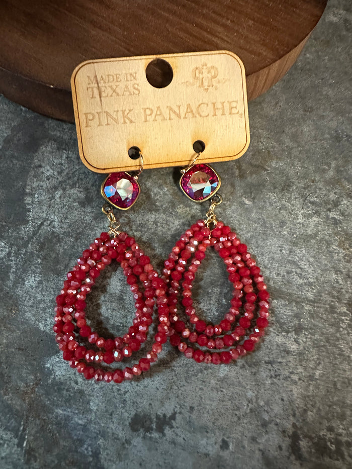 Pink Panache Earrings- "Beaded Teardrop" Red
