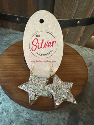Glossy Acrylic Earrings- "Stars" Silver Confetti Flakes
