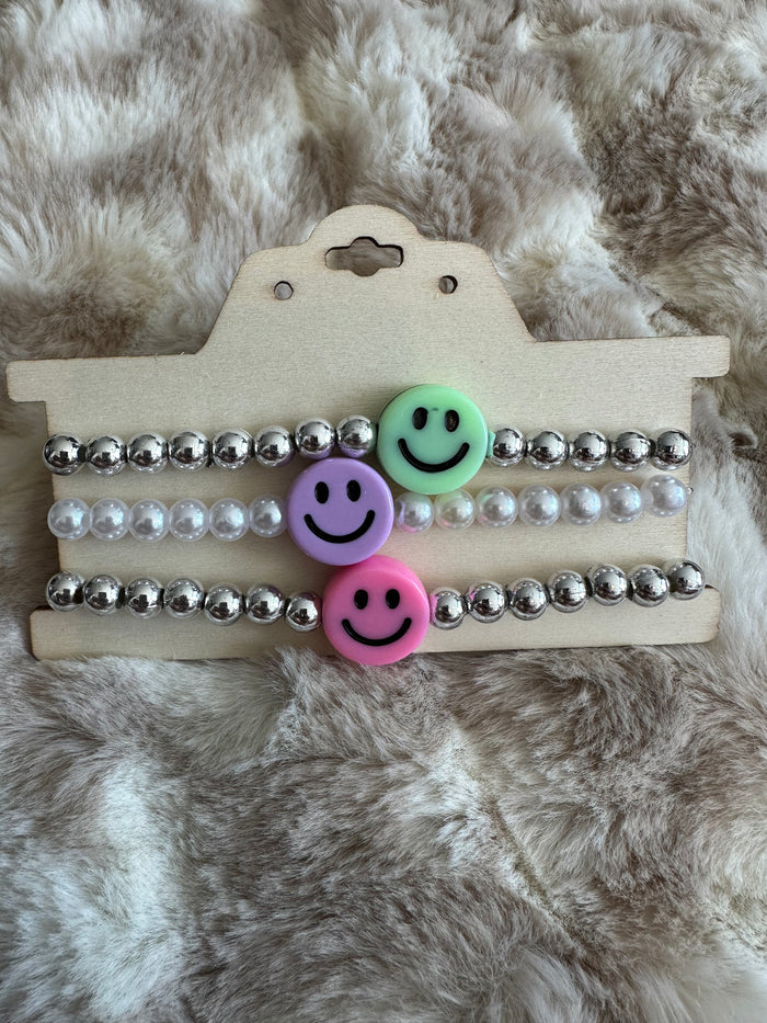 Penny Bracelets- "Assorted Smiley Faces" Silver Beaded