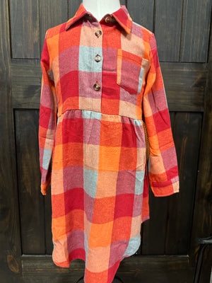 "Orange Plaid Flannel Dress W/ Belt" Long Sleeve Kids Dress