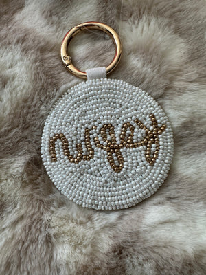 Beaded Bash Keychains- "Wifey" Gold & White