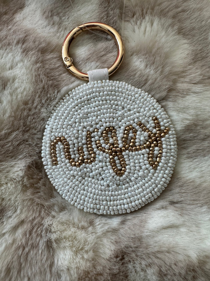 Beaded Bash Keychains- "Wifey" Gold & White