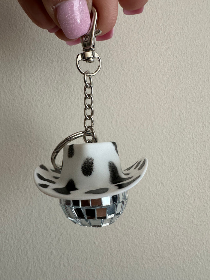 Disco Dolly Keychains- "Black Cow Print Cowboy Hat"