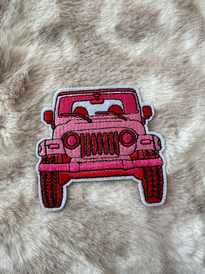 Embroidered Hat Patches- "Pink & Red Jeep" (2.5X2.5)