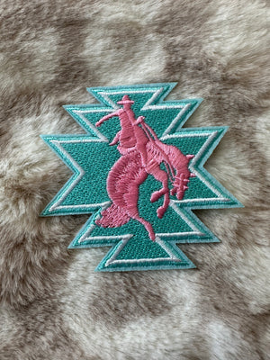 Embroidered Hat Patches- "Bronc Riding; Turquoise" (3X2.5)