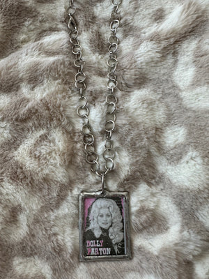 Palmer Necklace- "Dolly Parton; Pink Portrait" Silver Chain