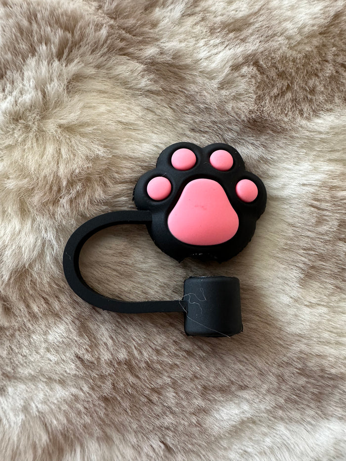 Straw Cover Cap- "Paw Print; Black & Pink"