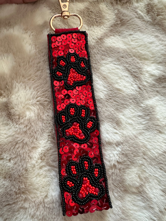 "Beaded Strap" Key Wristlet- "Cougar Paws" Red & Black