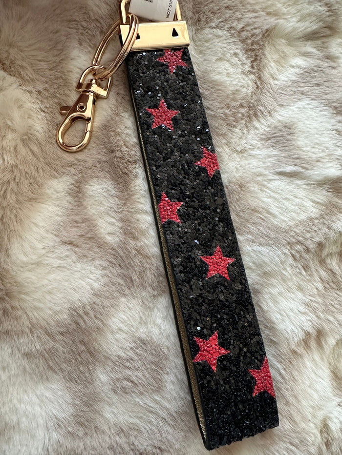 "Confetti Glitter" Key Wristlet- "Black & Red Stars"