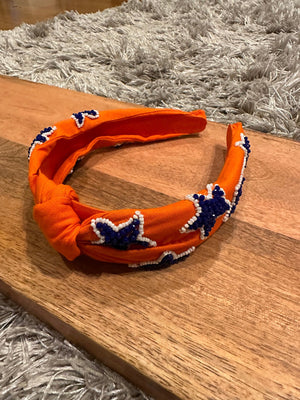 Beaded "Designs" Headband- Navy On Orange Stars