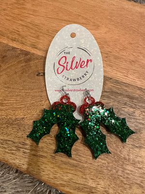 Glossy Acrylic Earrings- "Mistletoe" Glitter