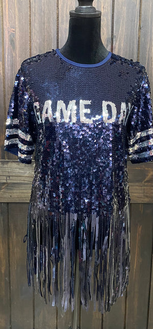 "Game Day" Navy Fringed Sequence Top