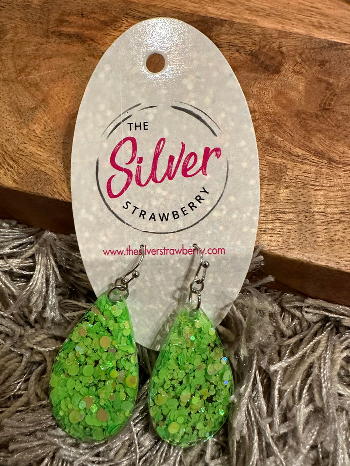 Glossy Acrylic Earrings- "Mini" Lime Green Confetti Glitter Teardrop