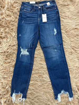 Judy Blue Boyfriend Jeans- Mid Rise, Slim Fit Distressed Bottoms (DK ST)