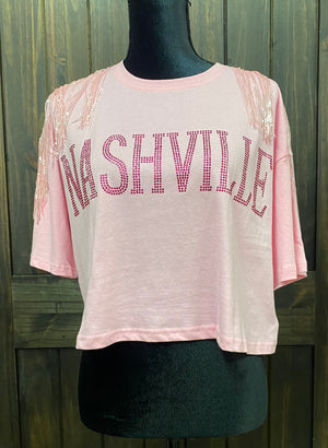 "Nashville" Light Pink Fringe Sleeve Crop Top