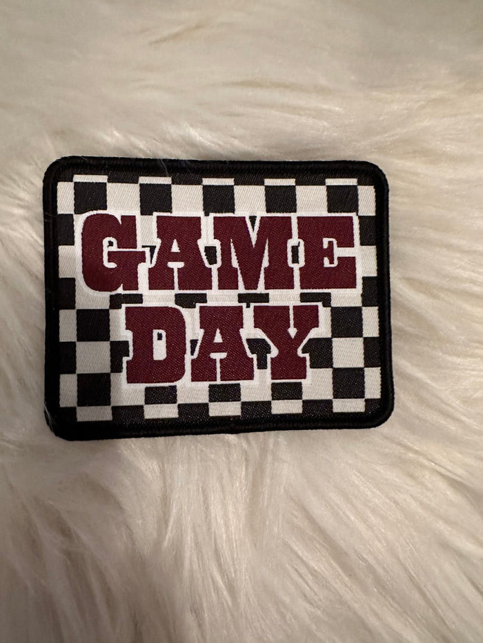 Embroidered Hat Patches- "Game Day Checkered; Maroon" (3.5X2.5)