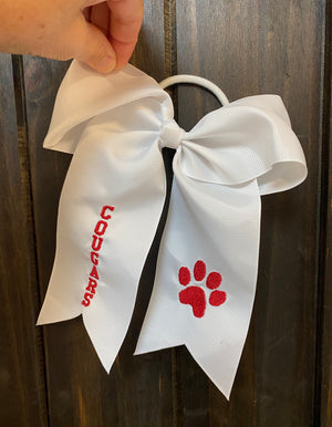 Cheer Bows- "Cougars" White w/ Red Paw
