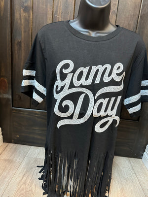 "Game Day" Black Sequin Sleeve Fringe Bottom Top