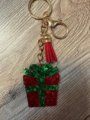 Glossy Acrylic Keychains- "Present" Red & Green