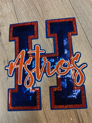 Sequin "T-Shirt" Patches- "H Town Astros" Orange & Royal Blue (10X11)