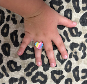 Kids Adjustable Ring- "Heart" Rainbow Stripes