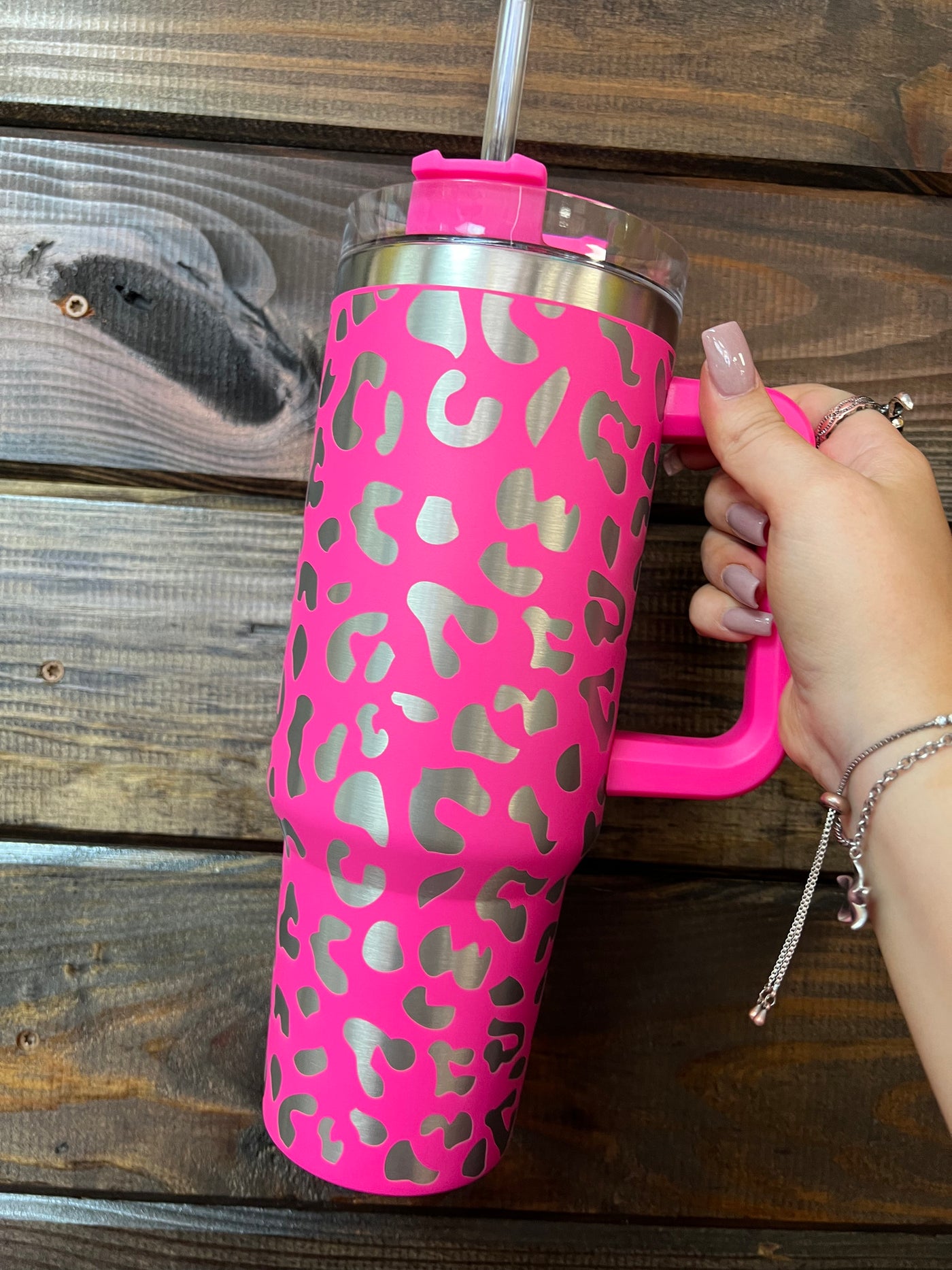 40oz Stainless Steel Tumbler with handle Pink Dusk Leopard