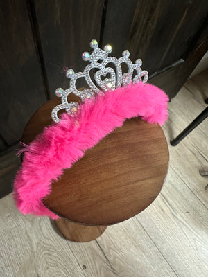 "Rhinestone Crown" Fuzzy Kids Headband- Hot Pink