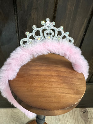 "Rhinestone Crown" Fuzzy Kids Headband- Light Pink