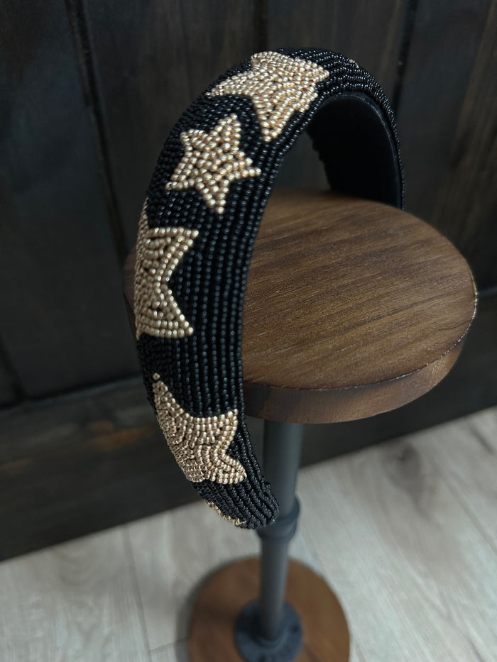 "Star Shapes" Beaded Headband- Gold & Black