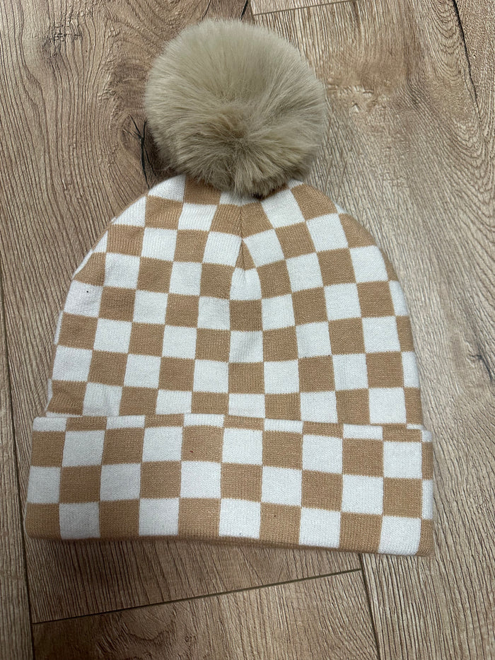 "Fur Ball" Beanie- "Checkered" Khaki