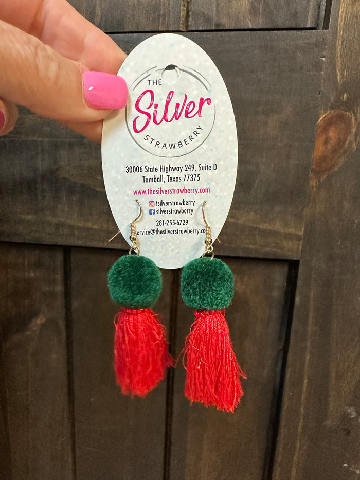 Bobbles Earrings- "Green & Red Fringed"