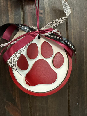 Wooden Bag Tags- "Maroon & White Paw"