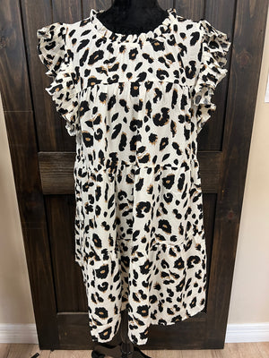 Ivory Cheetah Ruffle Shoulder Dress