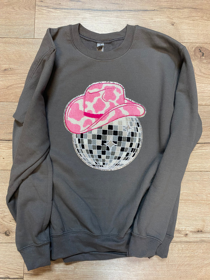 "Disco Ball; Pink Cowboy Hat" Grey Sweatshirt Jacket
